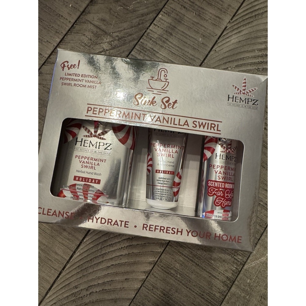 Hempz Peppermint Vanilla Swirl Hand Cream Wash Room Spray Gift Set